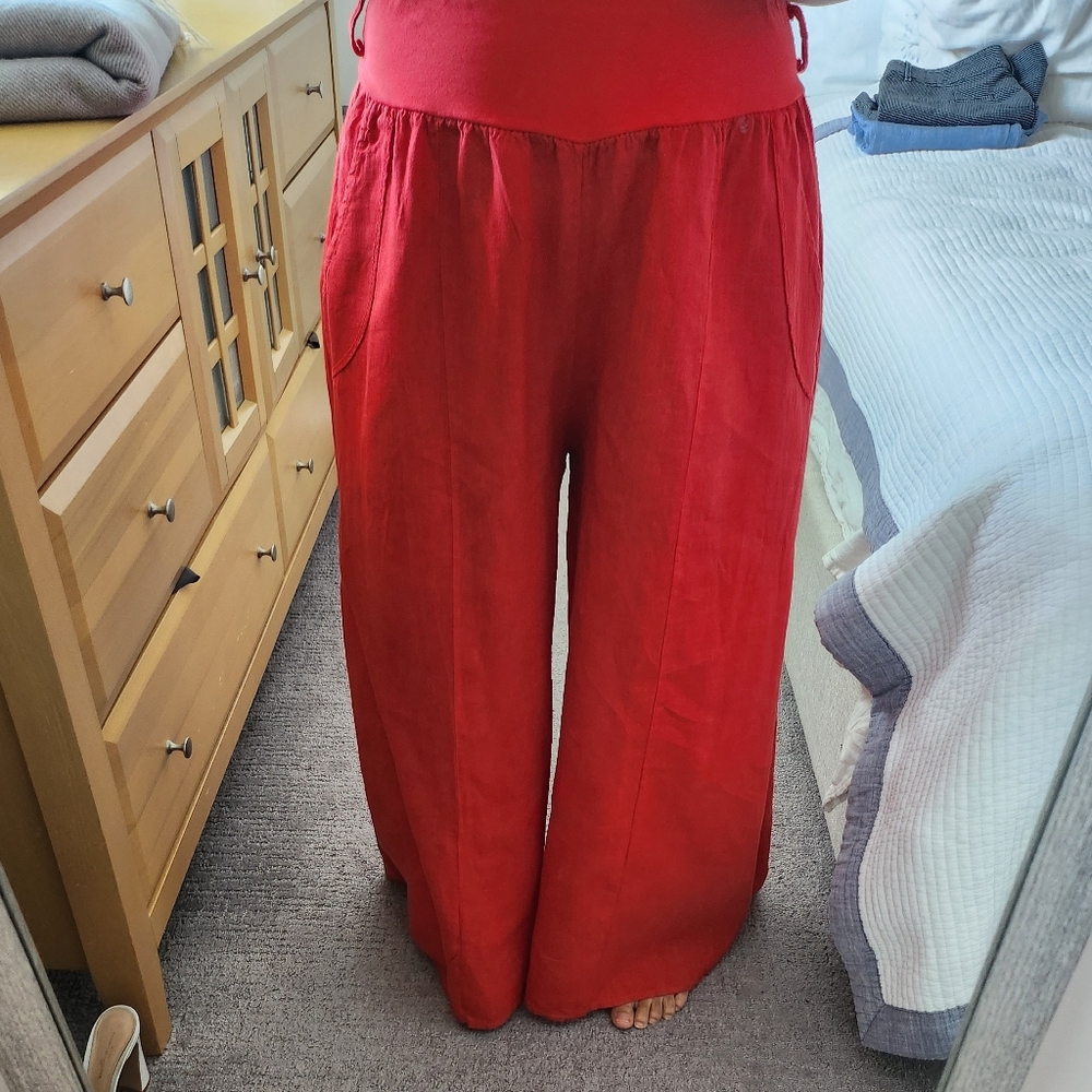 Wide Leg Linen-Blend Pants in Red